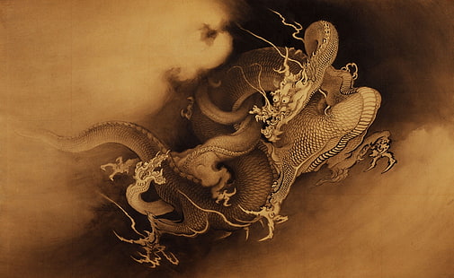 茶色のドラゴンの絵、木、ドラゴン、アジア、中国、中国のドラゴン、神話、アートワーク、絵画、ファンタジーアート、 HDデスクトップの壁紙 HD wallpaper