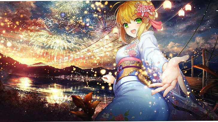 girl, smile, holiday, salute, yukata, festival, the saber, Fate stay night, Fate / Stay Night, HD wallpaper
