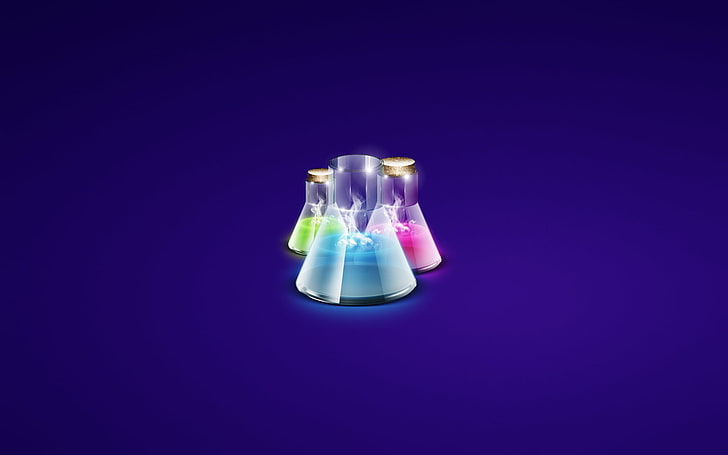 envases de vidrio azul y rosa, púrpura, vidrio, rojo, burbujas, verde, el fondo oscuro, minimalismo, platos, tres, tubo, botella, bulbo, laboratorio, química, humo, poción, azulado, producto químico, Fondo de pantalla HD