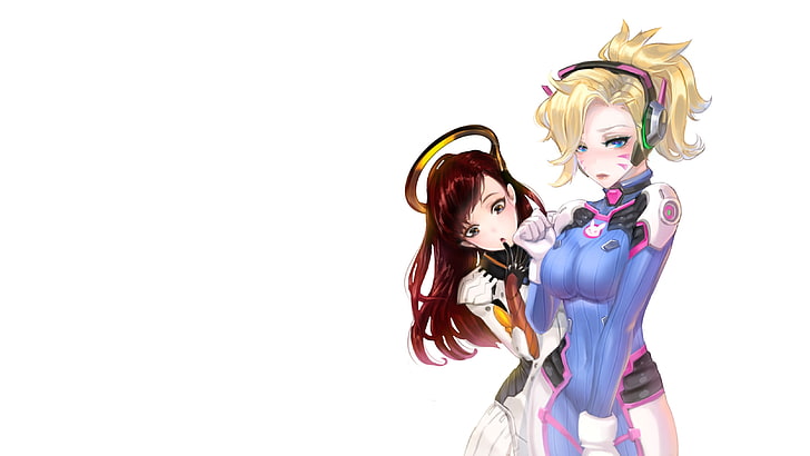 duas personagens femininas de anime, videogame, Overwatch, D.Va (Overwatch), Mercy (Overwatch), roupas apertadas, peitos grandes, loira, cabelos longos, olhando para o espectador, olhos azuis, HD papel de parede