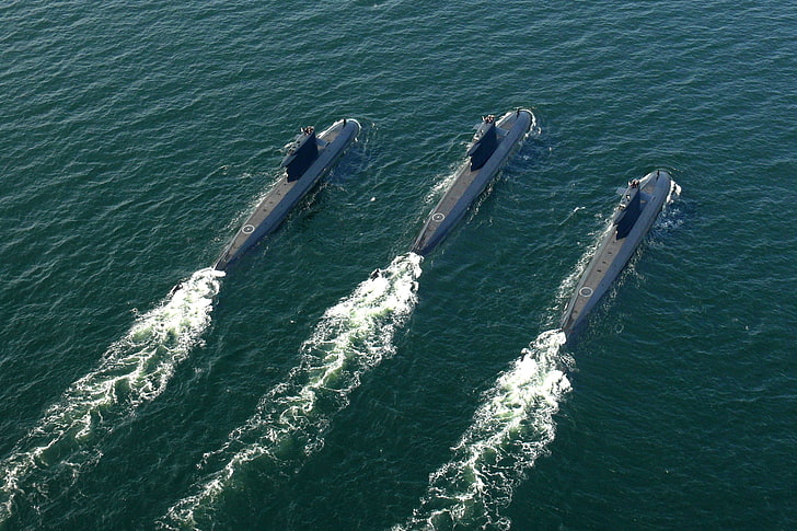 Tres submarinos grises, submarino, vehículo, militar, Fondo de pantalla HD