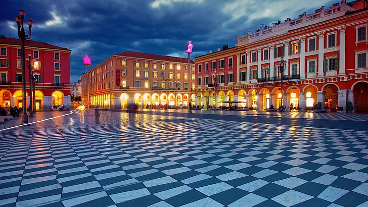 night, main square, europe, france, building, nice, cityscape, downtown, eu, square, tourist attraction, evening, place massena, sky, town square, city, landmark, HD wallpaper