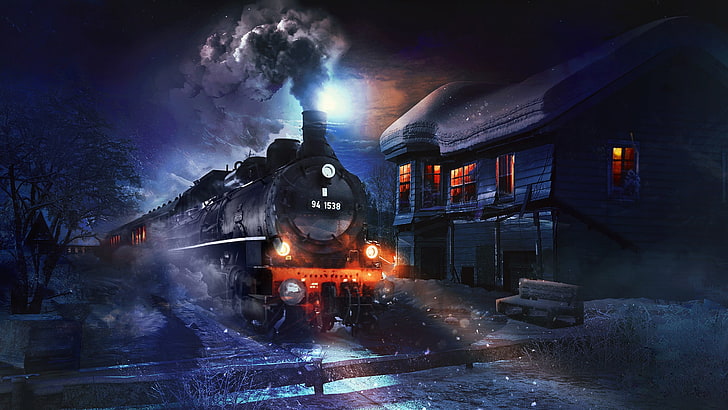 ilustração de trem cinza locomotiva a vapor, trabalho artístico, arte digital, locomotiva a vapor, trem, casa, inverno, neve, noite, luzes, árvores, luar, banco, HD papel de parede