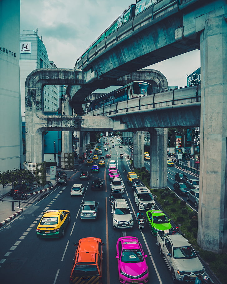 sortierte-Farbe-und-Marke-Fahrzeug viel, Verkehr, Straße, Auto, Stadt, Brücke, Thailand, HD-Hintergrundbild, Handy-Hintergrundbild