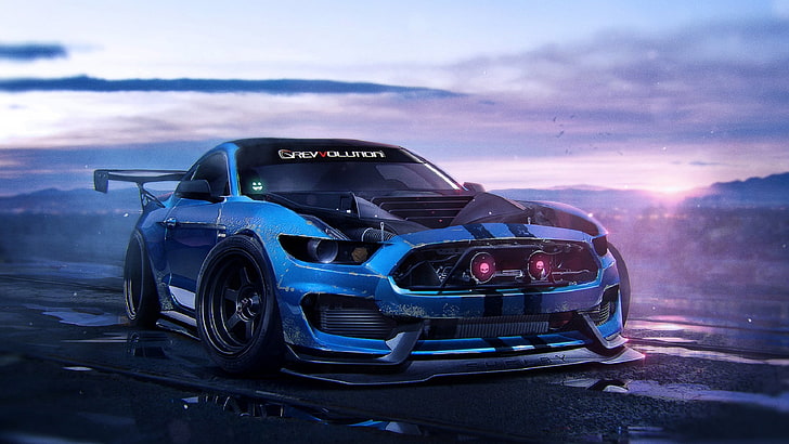 blå och svart sportbil, Ford, Shelby, Muscle, Car, Art, Blue, GT350, 2015, av Khyzyl Saleem, Mustant, HD tapet