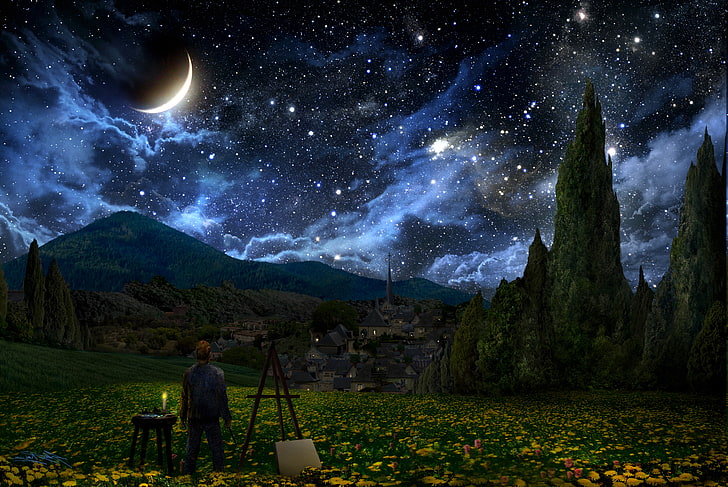 Crescent Moon, landscape, Painters, stars, The Starry Night, Vincent Van Gogh, HD wallpaper