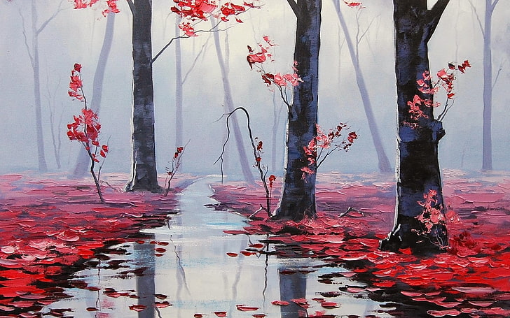 tre alberi a foglia rossa, alberi spogli sul corpo d'acqua, natura, pittura, foglie, nebbia, alberi, Graham Gercken, autunno, Sfondo HD