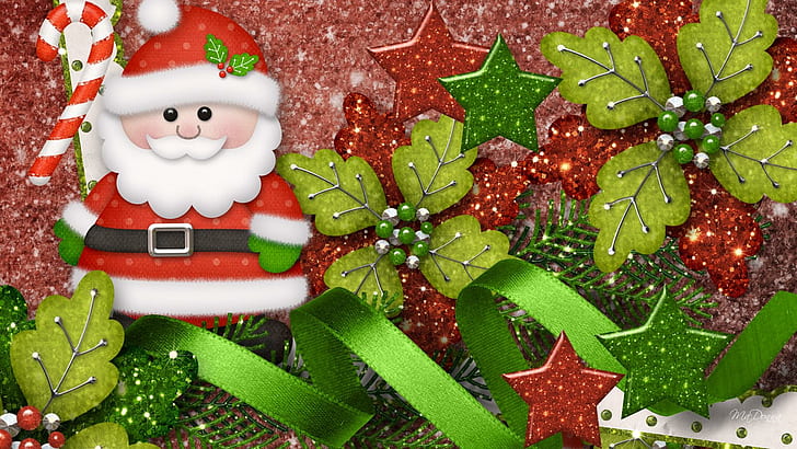 Christmas Cheer, firefox persona, ribbon, stars, christmas, santa claus, poinsettia, happy, saint nick, candy cane, Fondo de pantalla HD