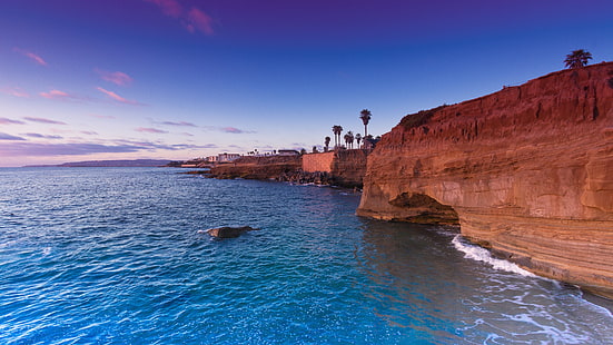 일몰 절벽, 샌디에고, 캘리포니아, 미국, 절벽, 해안선, 바다, HD 배경 화면 HD wallpaper
