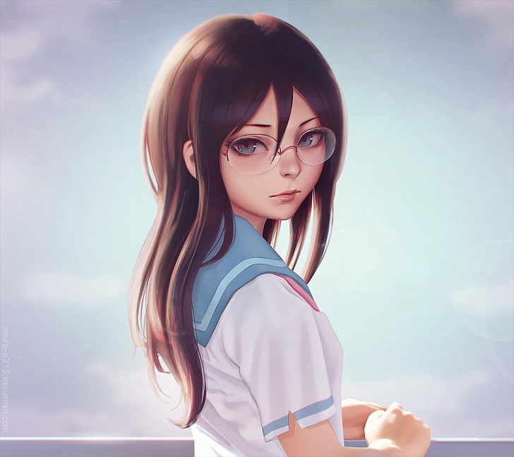 anime girls, schoolgirl, glasses, HD wallpaper