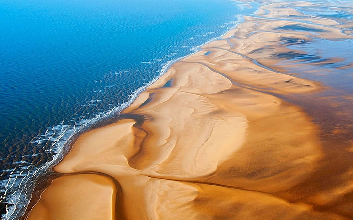 nature, landscape, beach, sand, sea, sunlight, aerial view, UK, HD wallpaper
