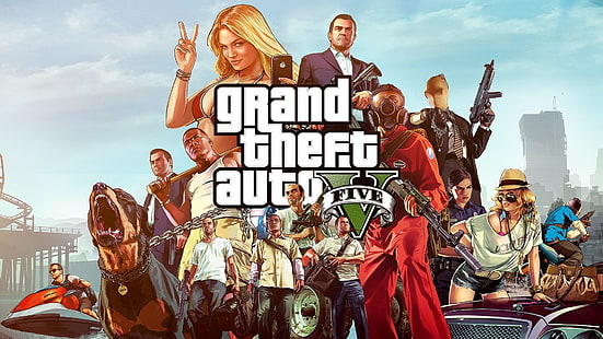 Grand Theft Auto Five илюстрация, оръжия, куче, верига, бандити, тапет, Майкъл, мафия, бит, Grand Theft Auto V, GTA 5, Rockstar North, Rockstar Games, Франклин, Тревър Филипс, HD тапет HD wallpaper