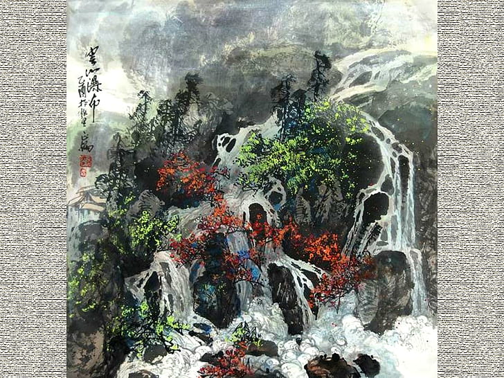 Sztuka azjatycka18, malarstwo wodospadów, malarstwo chińskie, japońskie, sztuka azjatycka, obrazy, Tapety HD