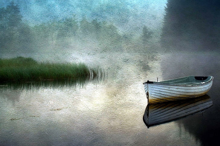 Barco en un río silencioso, agua, silencio, río, pintura, barco, 3d y abstracto, Fondo de pantalla HD