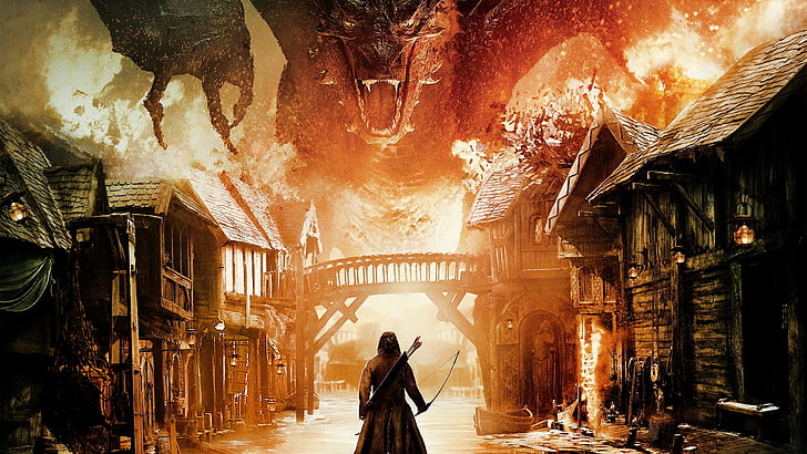 archer in front of dragon above bridge wallpaper, The Hobbit: The Battle of the Five Armies, Smaug, HD wallpaper