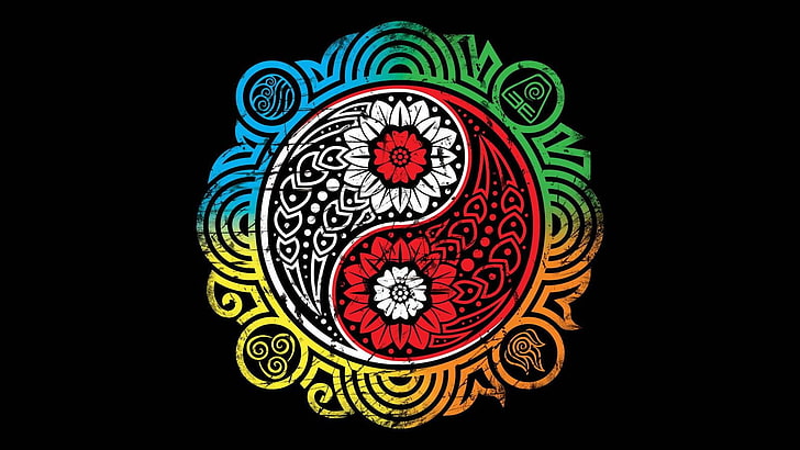 round multicolored floral wallpaper, minimalism, Avatar: The Last Airbender, Yin and Yang, black background, colorful, HD wallpaper