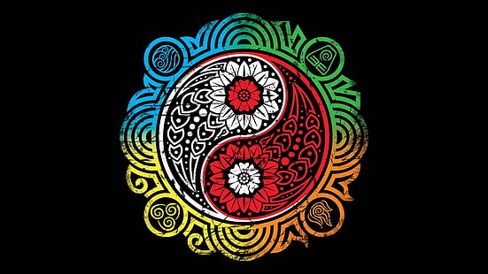 carta da parati rotonda floreale multicolore, minimalismo, Avatar: The Last Airbender, Yin e Yang, sfondo nero, colorato, Sfondo HD HD wallpaper