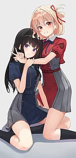 anime gadis anime Lycoris Recoil Nishikigi Chisato Inoue Takina rambut pendek berambut pirang rambut panjang rambut hitam dua wanita karya seni seni digital karya penggemar, Wallpaper HD HD wallpaper