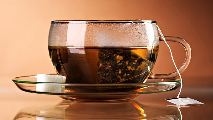 taza de té de vidrio transparente, té, bolsita de té, taza, bebida, Fondo de pantalla HD