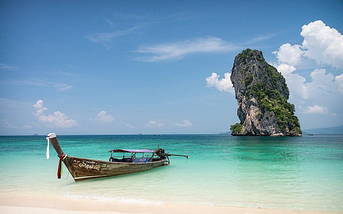 brown wooden boat, nature, landscape, rock, island, boat, sea, sand, Thailand, tropical, clouds, beach, water, calm, HD wallpaper HD wallpaper