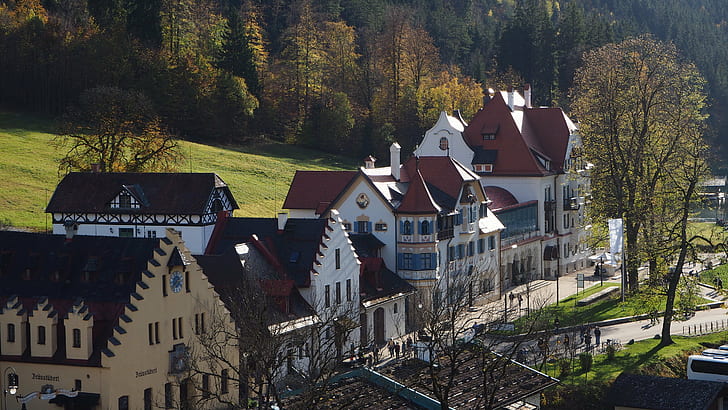 昼間、ホーエンシュヴァンガウ、白、栗色、塗装、家、森、昼間、ドイツ、ノイシュヴァンシュタイン、シュヴァンガウ、バイエルン、建築、ヨーロッパ、歴史の森の近くの白と栗色の家、 HDデスクトップの壁紙