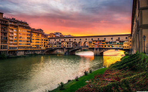 Broar, Ponte Vo, bro, kanal, Florens, Italien, konstgjord, solnedgång, HD tapet HD wallpaper