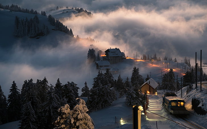 Пейзаж, природа, Швейцария, закат, снег, деревня, поезд, туман, деревья, зима, холм, пейзаж, природа, Швейцария, закат, снег, деревня, поезд, туман, деревья, зима, HD обои