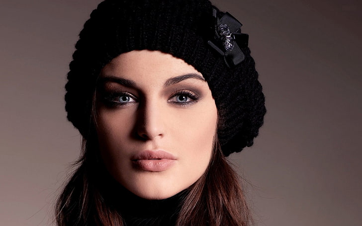 women's black knit cap, lauren budd, hat, bow, face, make-up, HD wallpaper