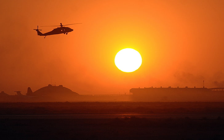 60 Black Hawk, Hubschrauber, Sikorsky UH, Silhouette, Sonne, Sonnenuntergang, HD-Hintergrundbild