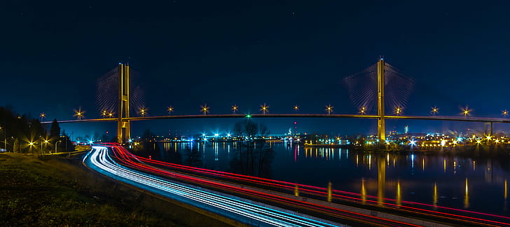 timelapse photography of vehicles traveling near suspension bridge during nighttime, South, Perimeter, Road, timelapse photography, vehicles, suspension bridge, nighttime, Alex Fraser  Bridge, Light, Trails, Fraser River, Outdoor, Structure, Night, Scene, Wide Angle, BC, British Columbia, Canada, Reflections, Nikon  D7000, DSLR, Sigma, bridge - Man Made Structure, traffic, architecture, transportation, cityscape, highway, street, urban Scene, dusk, famous Place, urban Skyline, river, illuminated, HD wallpaper