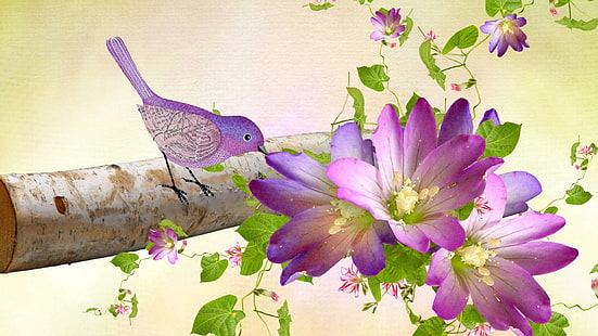 Purple Birds Flowers, firefox persona, purple, birch, summer, bird, flowers, pink floral, 3d and abstract, HD wallpaper HD wallpaper