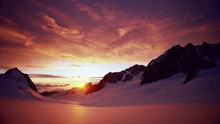 Zachód słońca w Nowej Zelandii, zaśnieżona góra, przyroda, 1920x1080, śnieg, zachód słońca, góra, Nowa Zelandia, Tapety HD