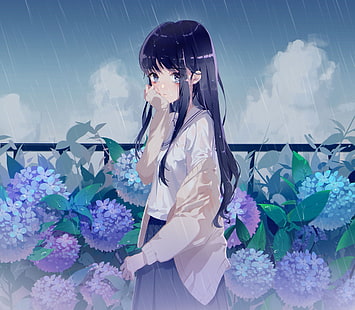 anime flicka, regnar, blommor, svart hår, tårar, gråter, emotionell, Anime, HD tapet HD wallpaper