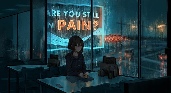 нощ, дъжд, настроение, аниме, изкуство, кафене, HD тапет HD wallpaper