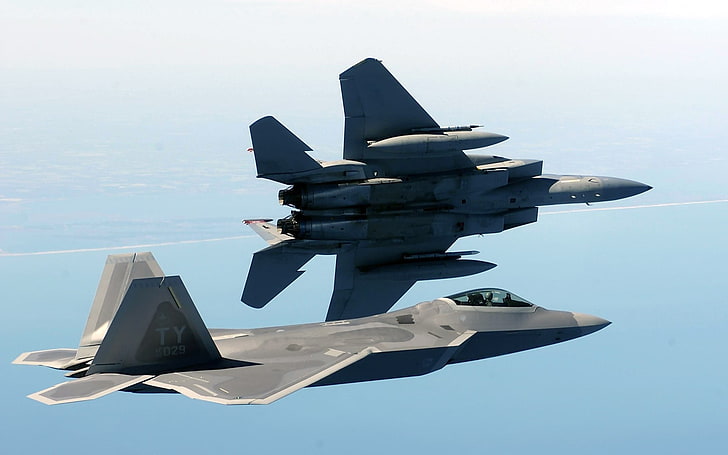 two gray fighter planes, F-22 Raptor, F-15 Eagle, military aircraft, HD wallpaper