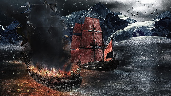два черни ветроходни кораба живопис, пирати, кораб, сняг, море, планини, HD тапет