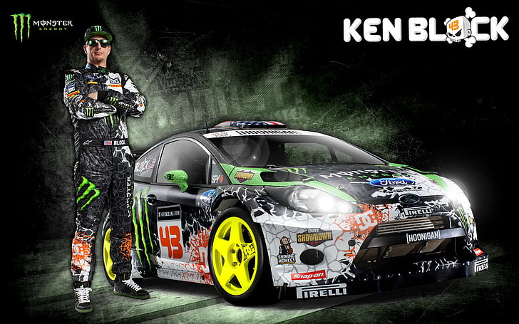 Кен Блок и обои Ford Fiesta со стоковыми автомобилями, Ford, Rally, WRC, Monster Energy, Кен Блок, Rallycross, HD обои