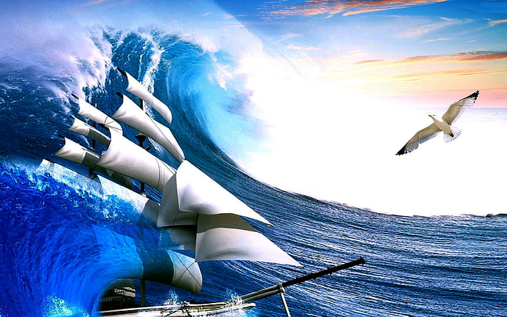 Sailing On Rough Sea, ship, seagull, wave, rough, sailing, 3d and abstract, HD wallpaper