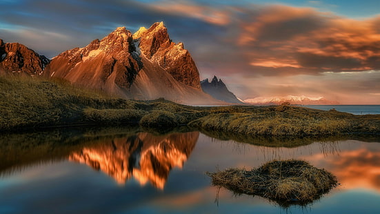 montaña, reflexión, naturaleza, cielo, desierto, reflejado, paisaje de monte, tierras altas, península de Stokksnes, atmósfera, fotografía, Islandia, Vestrahorn, Fondo de pantalla HD HD wallpaper