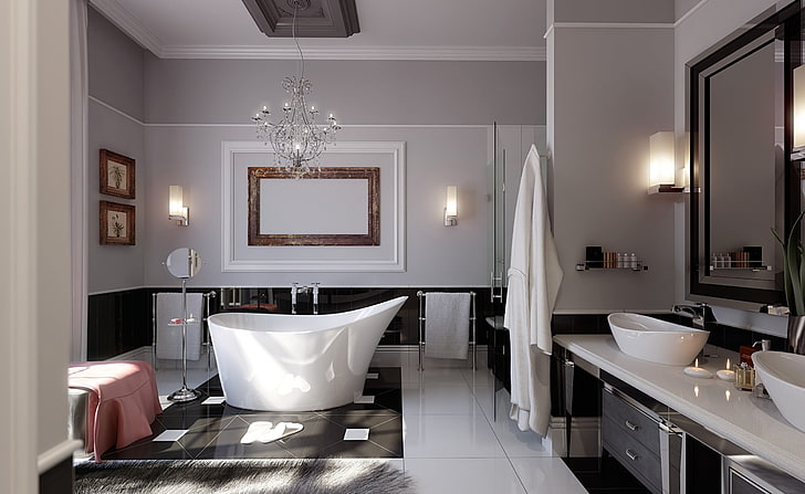 حمام بتصميم أنيق ، سطح من الغرور الأبيض ، هندسة معمارية ، تصميم ، أنيق ، حمام، خلفية HD
