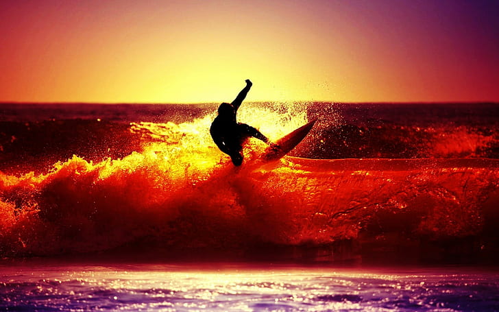 puesta de sol, surf, mar, Fondo de pantalla HD