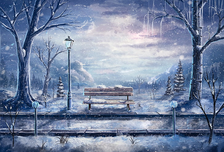 road, Sylar, snow, winter, artwork, bench, street light, HD wallpaper