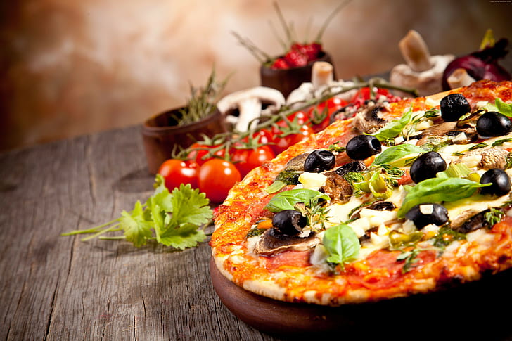 Käse, Oliven, Tomaten, Champignons, Pizza, Teig, Knoblauch, Olivenöl, Zwiebeln, Pfeffer, Basilikum, HD-Hintergrundbild