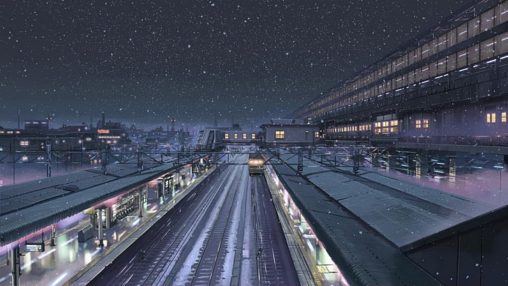 анимация на гарата, 5 сантиметра в секунда, Макото Шинкай, сняг, гара, нощ, зима, HD тапет