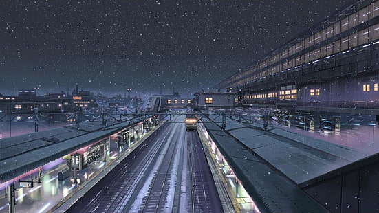 ภาพเคลื่อนไหวสถานีรถไฟ 5 เซนติเมตรต่อวินาที Makoto Shinkai หิมะสถานีรถไฟกลางคืนฤดูหนาว, วอลล์เปเปอร์ HD HD wallpaper