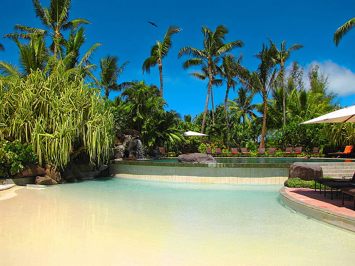 Resort Di Bora Bora Polinesia Prancis, pemandangan resor, tropis, laguna, pasifik selatan, pantai, terumbu karang, tahiti, pasir, bora, biru, surga, Prancis, Wallpaper HD