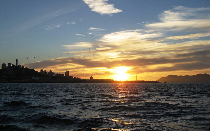 morze, krajobraz, zachód słońca, Tapety HD