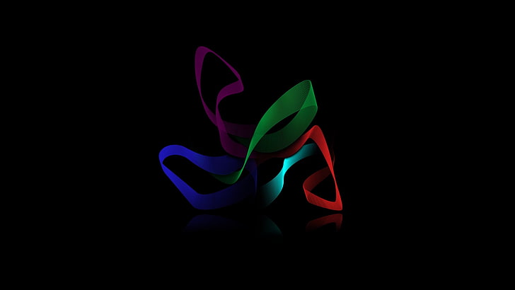 логотип с розовой, голубой и зеленой лентой, минимализм, абстракция, цифровое искусство, геометрия, черный фон, основные цвета, отражение, HD обои