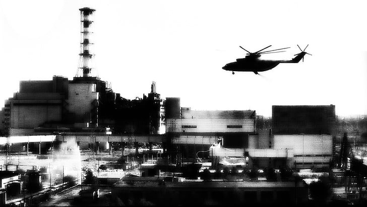 pintura de edifício em preto e branco, militar, aeronaves, aviões militares, helicópteros, Chernobyl, Mil Mi-26, HD papel de parede