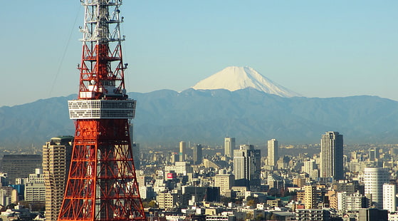красно-белая башня, япония, токио, токийская башня, гора фудзи, HD обои HD wallpaper